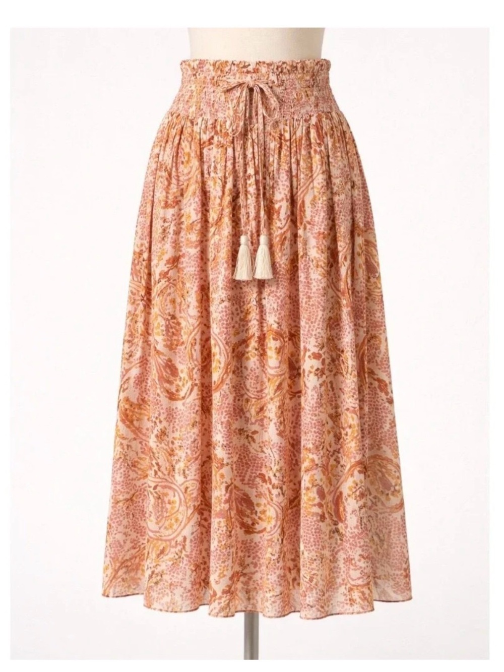 Cynthia Rowley Paisley Smocked Button Front Midi Skirt Boho Large